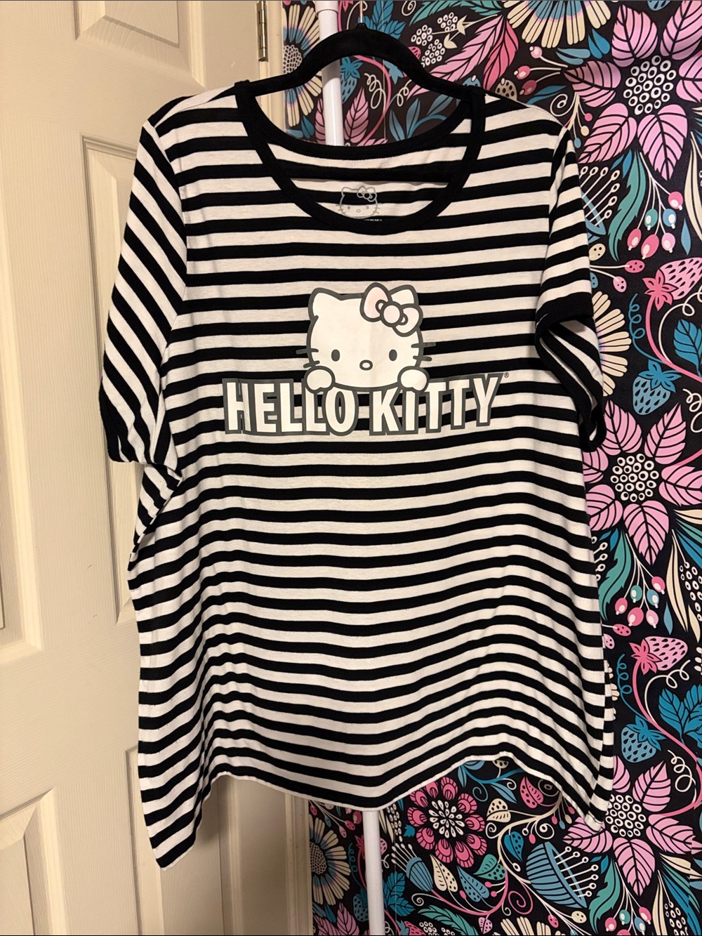 Hello Kitty Black & White Striped Short Sleeve Tee with Center Logo